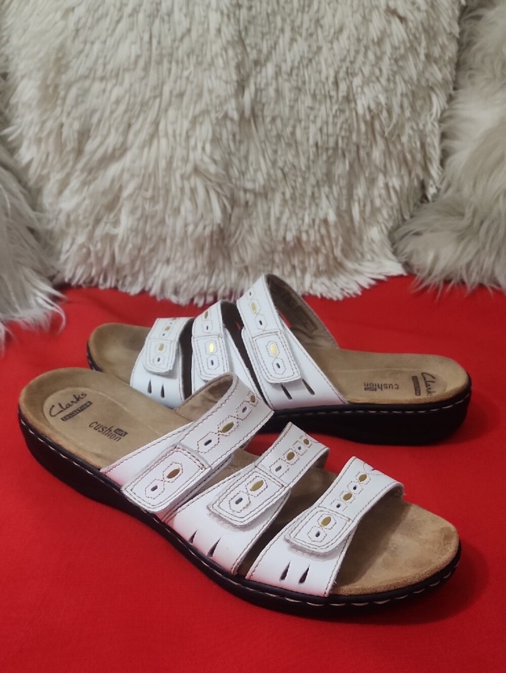 Clarks Lauriaen White Triple-Strap Leather Slide Sandals